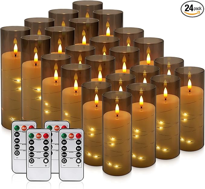 YOROXRG 24 Pack Halloween Decoration Flickering Flameless Candles, Battery Operated LED Candles for New Year, Home Decor, Parties, Wedding,Christmas(D2.2 x H 5" 6" 7") Grey