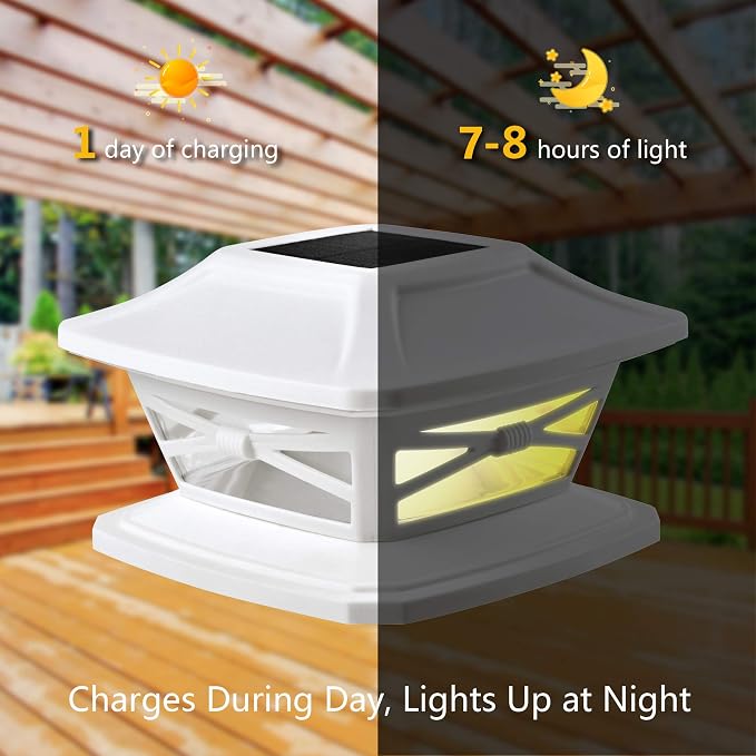 Davinci Lighting Flexfit Solar Outdoor Post Cap Lights - Includes Bases for 4x4 5x5 6x6 Wooden Posts - Bright LED Light - Pearl White (12 Pack) | Pearl White, Wooden Posts, fence/deck/garden/patio, UV fade-protected plastic, auto-on, 7-8h, cordless, IP...