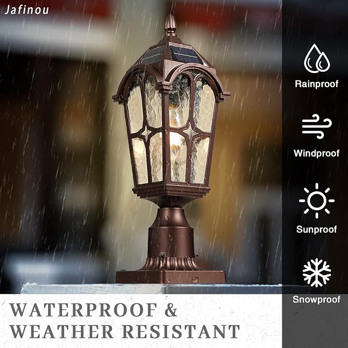 17.3 Inch Outdoor Solar Post Light, Dusk to Dawn Pier Mount Pole Lamp, Oil Rubbed Bronze Aluminum with Seeded Water Ripple Glass, Waterproof Exterior Lantern for Yard Garden Patio Driveway