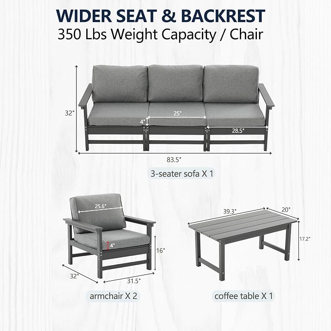 6-Piece Outdoor Patio Furniture Set, Modular HDPE Conversation Set with 3-Seater Sofa, 2 Armchairs & Large Coffee Table, Waterproof & UV-Resistant Outdoor Sofa with Cushions