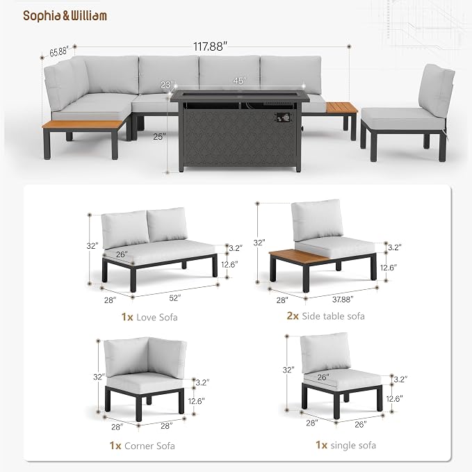 Sophia & William 6 Piece Metal Outdoor Sectional with Fire Pit Table, Modern Patio Furniture Set with Cushion, Modular L-Shape Outdoor Couch Patio Conversation Set for Deck Garden Backyard
