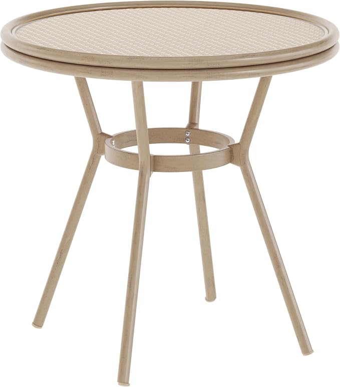 BizChair Indoor/Outdoor Commercial Bistro 31.5" Table, Natural/White PE Rattan, Glass Top, Bamboo Print Aluminum Frame in Light Natural