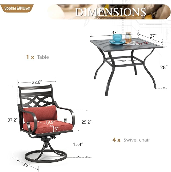 Sophia & William Patio Dining Set, Steel, Black | Umbrella Hole, Swivel Chairs, E-Coated, Cushions Included, For Patio, Garden and Yard