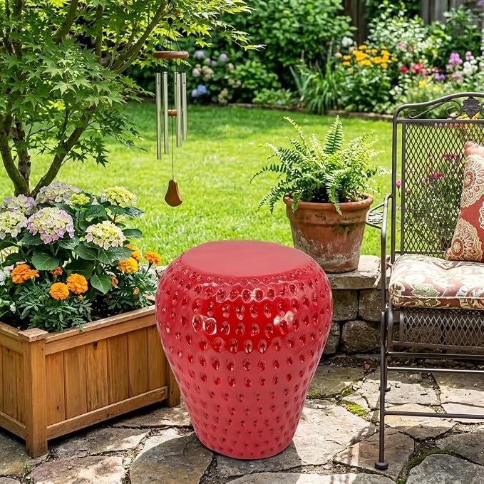 13.4" Strawberry Resin Decorative Stool, Novelty Fruit Side Table & Plant Stand, Whimsical Indoor Outdoor Garden Patio Decor, No Assembly Required (Red Strawberry)