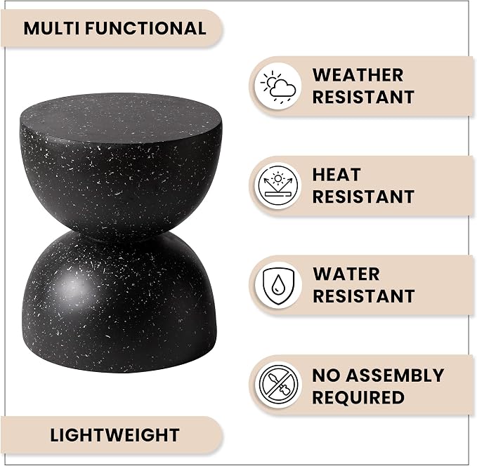 LeisureMod Minimalist Side Table Fiberstone Round Hourglass Accent End Table Stool, Patio Indoor Home Living Room, Weather-Resistant, Sage in Black