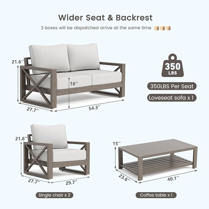 UDPATIO Aluminum Patio Furniture Set, Faux Wood Grain Modern Outdoor Furniture, 6" Cushions Metal Patio Conversation Sofa with Coffee Table for Poolside Deck, 5 PCS, Beige(Include 600D Covers)
