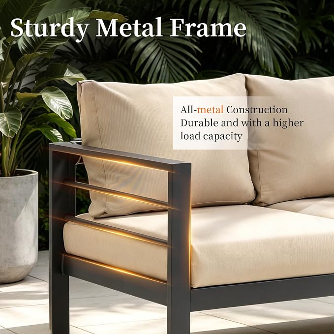 4-Piece Patio Furniture Set – All-Metal Outdoor Sectional Couch with Horizontal Slat Armrests, 4" Cushions & Coffee Table, Modern Patio Conversation Set for Porch, Balcony, or Deck (Beige)