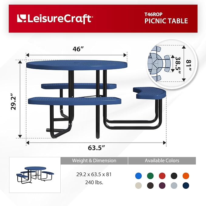 Leisure Craft Metal Picnic Table with Bench - 46" Round Outdoor Dining Table with Umbrella Hole, Heavy Duty Thermoplastic Coating, ADA Compliant, Commercial Grade Furniture Made in USA - Navy