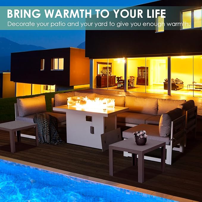 RADIATA 9 Pieces Aluminum Patio Furniture Set with Fire Pit Table, Morden Outdoor Sectional Sofa, Large Conversation Seat with Thick Cushion for Garden Backyard Deck Porch (White)