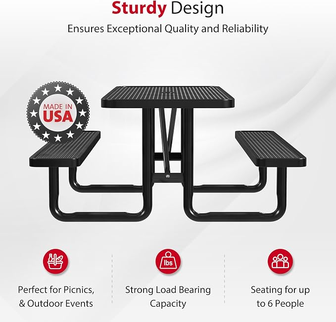 Leisure Craft Metal Picnic Table with Bench - 6 ft Rectangle Outdoor Dining Table for 6, Umbrella Hole, Weatherproof Heavy Duty Thermoplastic Coating, Commercial Grade Furniture Made in USA - Black
