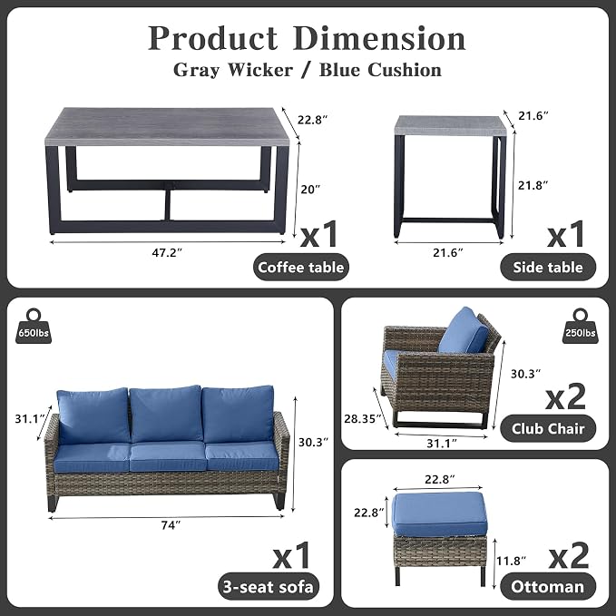 Belord 7 Piece Outdoor Furniture Patio Wicker Sofa Set Blue