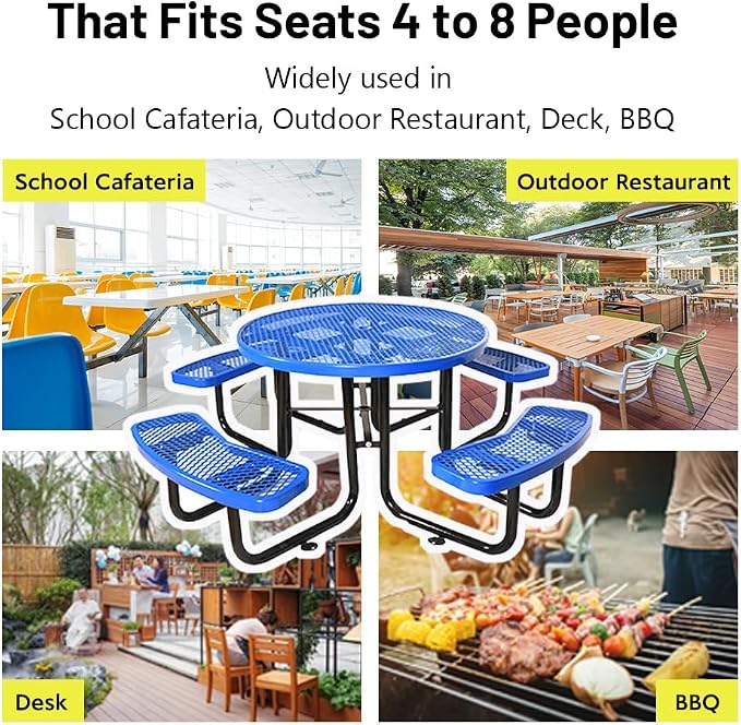 46" Thermoplastic Picnic Table with Umbrella Hole up to 1.5", Heavy Duty Commercial Picnic Table for Outdoor, Family & Party Ready for School Camping, Round, Blue