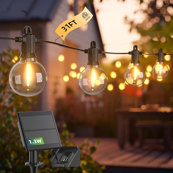 Kawaya G40 Outdoor String Lights Solar 31FT IP65 2700K LED Patio Light | IP65 Shatterproof Hanging Edison Blubs,2700K Warm White for Garden Porch Fence Camping Party Backyard Deck Bistro Balcony