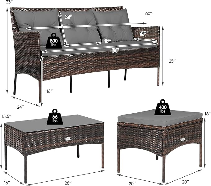 HAPPYGRILL 3 Pieces Patio Furniture Set Outdoor Rattan Conversation Set with Coffee Table, Seat & Back Cushions, Sectional Sofa Set for Poolside Balcony Backyard
