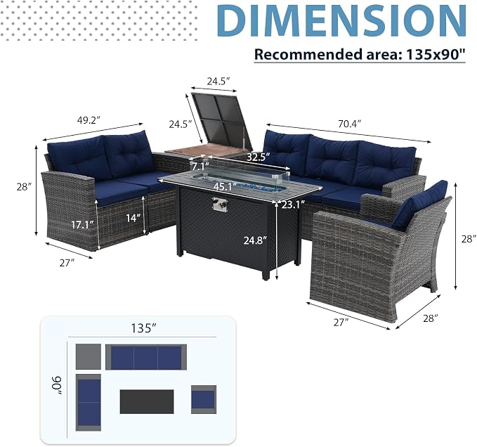 JOIVI Patio Furniture Set with Fire Pit Table, 8 Pieces Rattan Outdoor Conversation Set, 45" 50000 BTU Gas Fire Pit, Sectional Sofa with Storage Box, Navy Blue (Without Table)