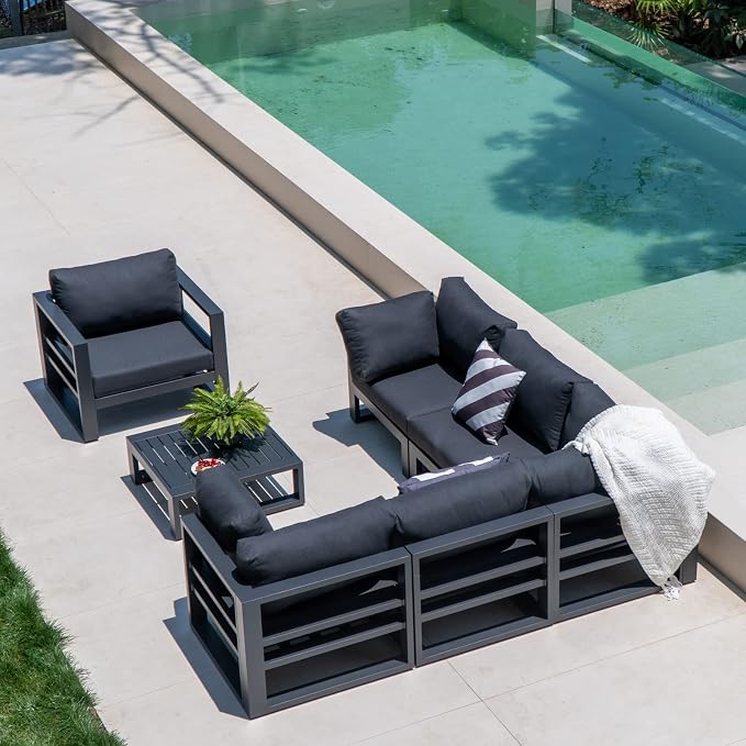 7 Pieces Patio Furniture Set Outdoor Aluminum Sectional Sofa Couch with Square Coffee Table All-Weather Conversation Set with Upgraded Dark Grey Cushions