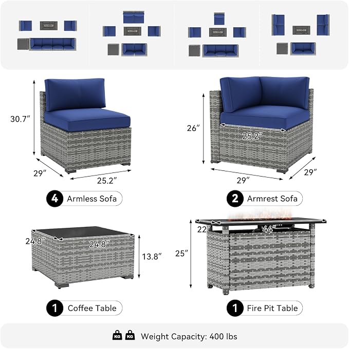 LazySunsets 8-Piece Patio Furniture Set with 44" Fire Pit Table, Wicker Outdoor Furniture, Patio Conversation Sets with Coffee Table, Outdoor Sectional Couch, Blue