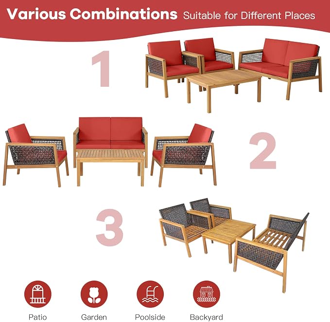 8 Pieces Outdoor Acacia Wood Furniture Set, Outdoor PE Wicker Conversation Set with Coffee Table and Soft Cushions, Outdoor Sofa Set for Garden, Poolside and Backyard (2, Red)