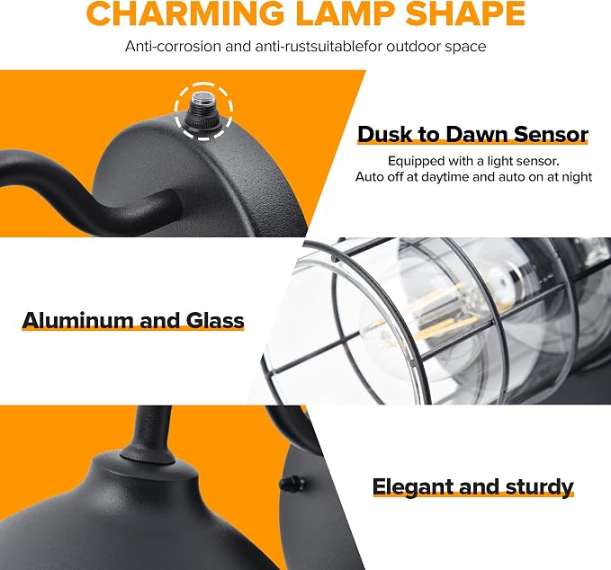 UME 2 Pack Dusk to Dawn Outdoor Wall Lights,Porch Lights,Waterproof Outdoor Wall Sconce, Exterior Light Fixtures E26 Base with Clear Glass Shade for House Garage Patio Front Door Balcony
