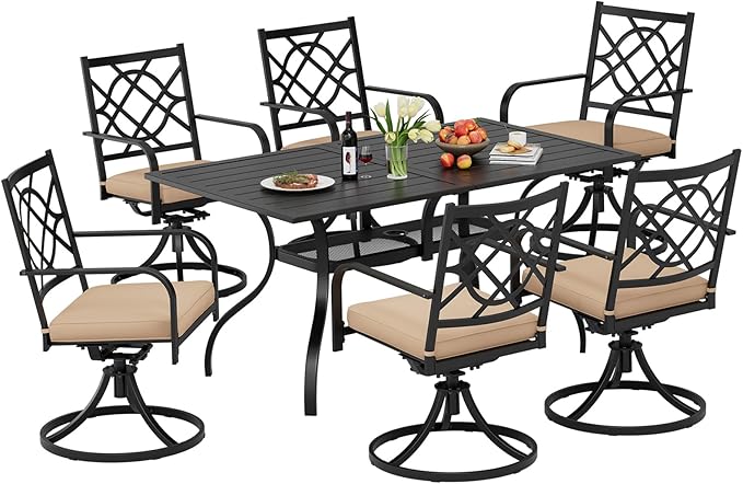 7 Piece Patio Dining Set Outdoor Furniture Set, Rectangular Metal Patio Dining Table with Umbrella Hole & 6 Swivel Dining Chairs for Garden Lawn Yard