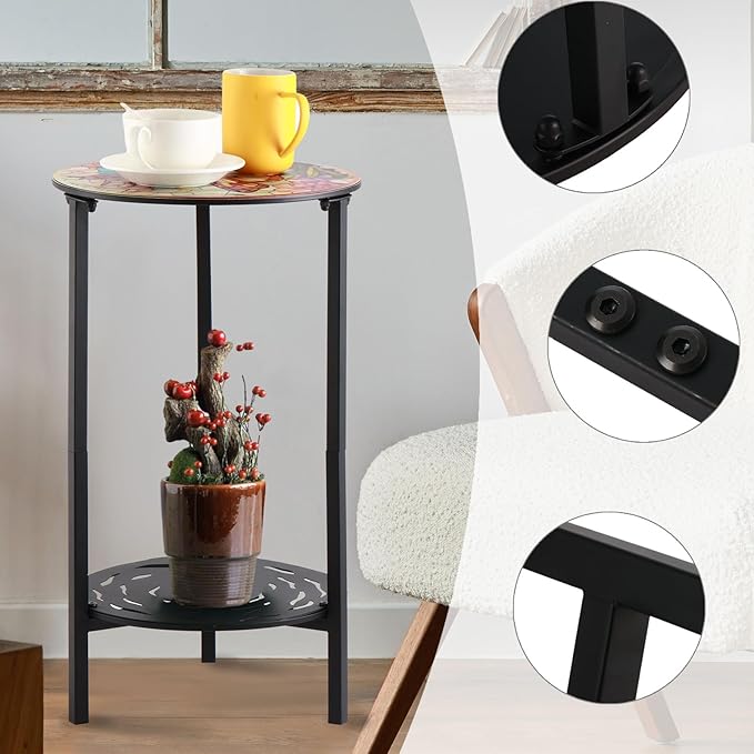 2 Packs Two-Tier Metal Round Side Table Set of Two Black Accent Coffee Tables Small Space Corner Plant Stand Shelf for Indoor Outdoor Use Patio Balcony End Table Weather-Resistant
