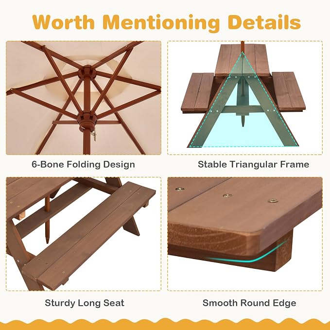 Kids Picnic Table, Wooden Kids Outdoor Table with Detachable Umbrella, Toddler Picnic Table for Patio, Garden, Backyard, Gift for Boys and Girls
