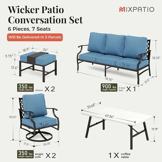 MIXPATIO Patio Furniture Set 6 pcs, Outdoor Patio Furniture, 3-Seat Sofa, 2 Swivel Chairs, 2 Ottomans, Coffee Table and 5.75" Extra Thick Cushion, Conversation Set for Backyard Deck, Navy Blue