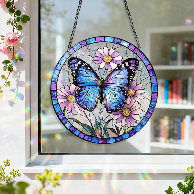 8 Inch Acrylic Window Hanging, Butterfly Flower Stained Glass Suncatcher, Window Decor, Plant Lover Gift for Women, Best Friend, Family, Colleague, Classmate (232)