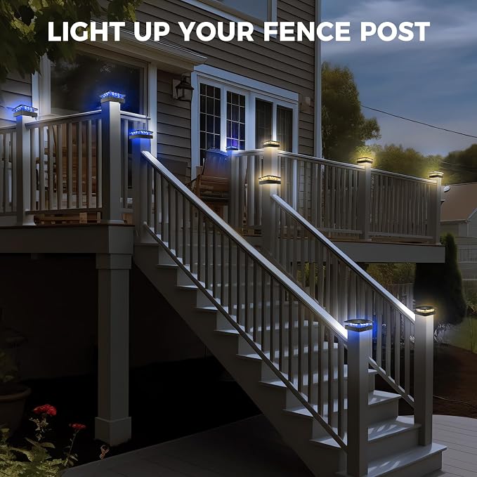 4 Packs 4x4 Solar Post Lights Outdoor, Blue & Warm White LED Fence Caps Light Waterproof, Wood & Vinyl Post Top Lighting for Deck Mailbox Railing Porch Outside