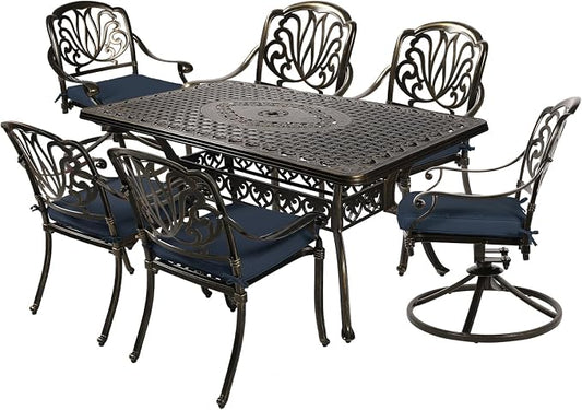 MEETWARM 7-Piece Outdoor Patio Dining Set, All-Weather Cast Aluminum Patio Conversation Set with 2 Swivel Rocker Chairs, 4 Stationary, 1 Rectangular Table, 6 Cushions, 2" Umbrella Hole, Navy Blue