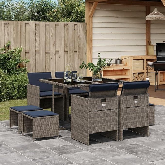 9 Piece Garden Dining Set with Cushions Grey Poly Rattan Outdoor Patio Furniture Table and 4 Chairs with Foldable Backrest Tempered Glass Top Navy Blue Cushions Space Saving Stackable