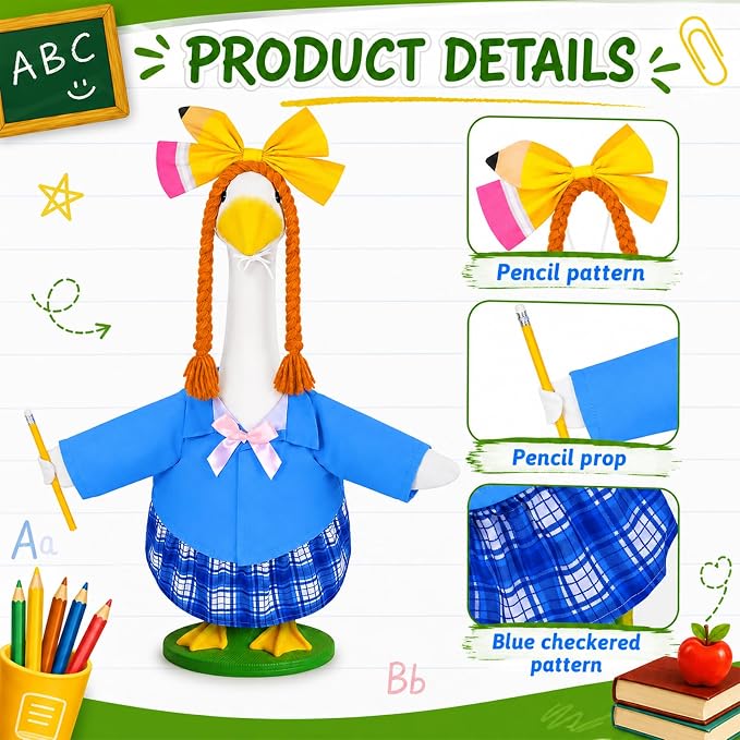JcHrmers Back to School Goose Outfit Student Porch Goose Outfits School Nniform Lawn Goose Clothes Fits 23" Cement Plastic Goose Statue for School Classroom Outdoor Garden Yard Patio Decor