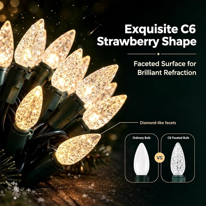 Heyworld C6 Gentle Twinkle Christmas Light, 60 LED Soft Twinkling Strawberry Lights, UL Certified 19.5FT Waterproof Connectable for Indoor Outdoor Xmas Tree Wedding Party Decor（Warm White）