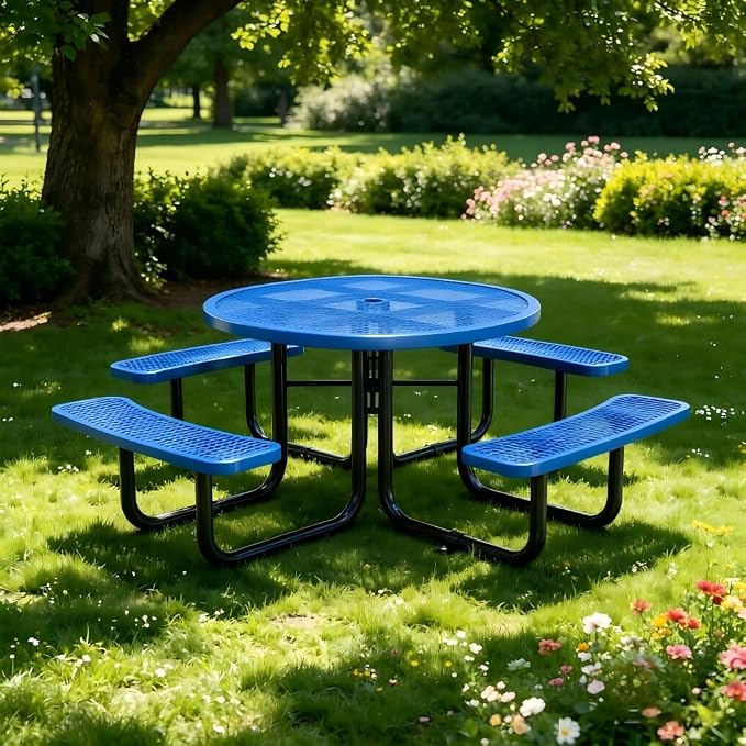 KEIKI 78.7" Heavy-Duty Metal Picnic Table w/2.05" Umbrella Hole, Round Commercial Outdoor Steel Table for 4–8 People, 2.5mm Mesh Top, Rust-Resistant Coating, Patio Backyard Park Dining Furniture, Blue