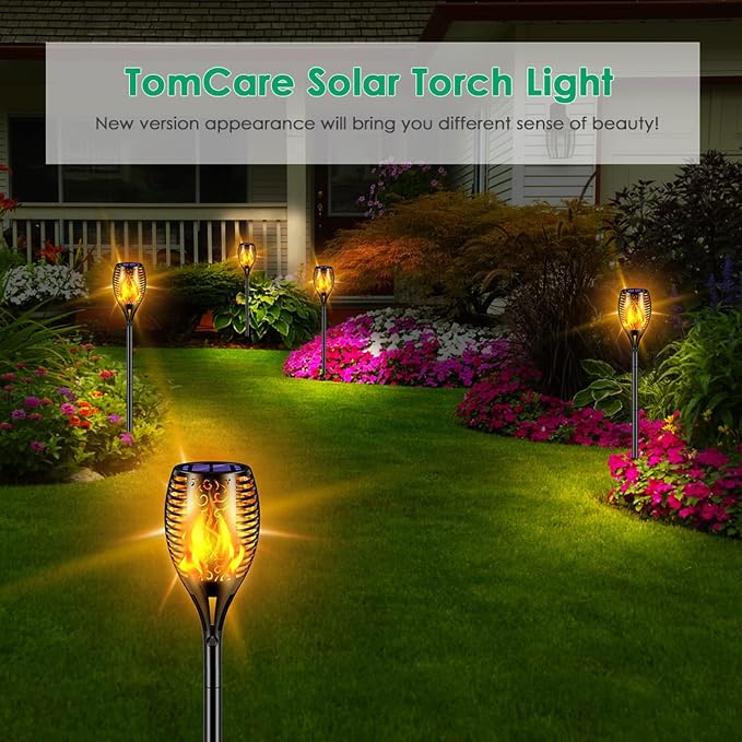 TomCare Flickering Flame Solar Torch Lights Outdoor, 43" Tall, 2 Pack | Realistic 99-LED Flame Effect, Charges in 6-8 Hours, 10-12-Hour Runtime, IP65 Waterproof, Auto On/Off for Yard, Patio, Garden