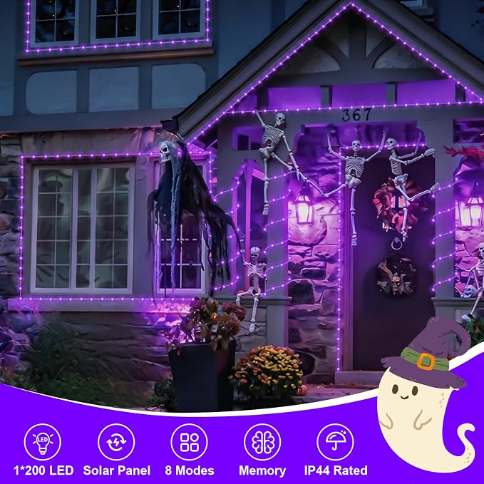 QITONG Purple Solar Halloween Lights, 66ft 200 LED Solar Rope Lights Outdoor, 8 Modes Fairy Lights in Clear Thin Tube