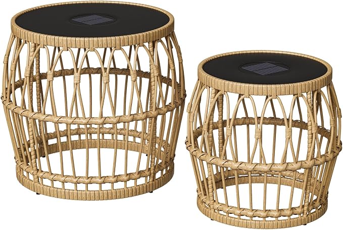 Solar Outdoor Side Table Set of 2, Boho Nesting Tables with Integrated Lighting, Round Rattan Coffee Tables for Patio, Balcony, Poolside & Porch