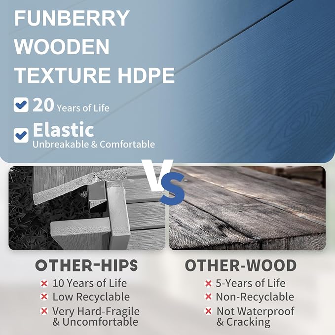 FUNBERRY Outdoor Dining Table, HDPE 6-Person Patio Table with Umbrella Hole | Wood-Grain, HDPE All Weather, No Rot or Rust or Crack, UV Fade Shield, 220LBS Weight Capacity, Easy-Clean for Outside