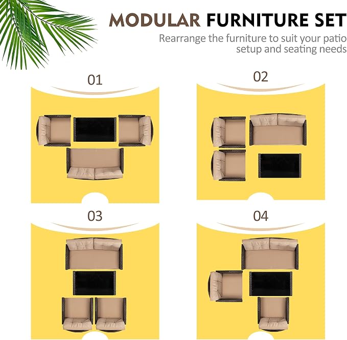 Shintenchi 4 Piece Patio Furniture Set, Outdoor Rattan Conversation Set with Coffee Table, Outside Wicker Sectional Sofa Couch with Cushion, Brown and Khaki