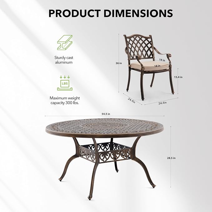 7-Piece Cast Aluminum Outdoor Table and Chairs, Classic Vintage Patio Dining Set for 6 Include 54.5" Round Dining Table and 6 Chairs with Removable Cushion and Umbrella Hole