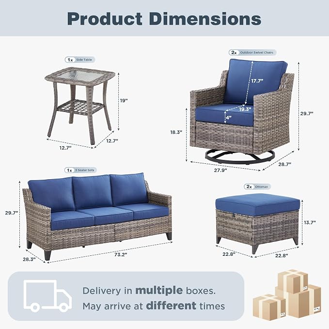 Belord Patio Wicker Swivel Rocker Patio Chairs with Side Table and 3-Seater Sofa, Outdoor Rattan Chairs for Deck Porch Garden, 6 Piece Luxury Patio Furniture Set, Blue