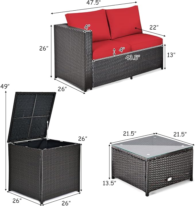 Tangkula 4 Piece Wicker Patio Set with Storage, All Weather-Proof Outdoor Conversation Set, with Loveseat, Glass Top Coffee Table & Storage Box, Suitable for Garden, Poolside, Sunroom (1, Red)