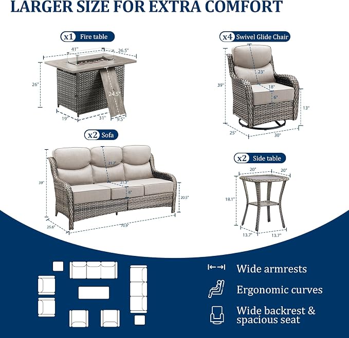 Luxury Swivel Rocker Chairs Fire Pit Set with 6" Thick Cushion 9 piece Wicker Outdoor Patio Chair with Sofa and Side Table,Comfortable High Back Outdoor Patio Furniture Set - Gery | Beige