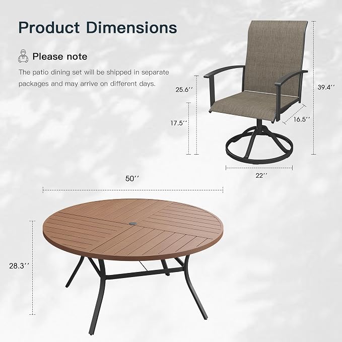 VICLLAX 7 Pieces Patio Outdoor Dining Set, 6 Swivel Textilene Chairs and 50" Round Metal Table with Umbrella Hole for Porch, Deck, Garden, Walnut//Brown