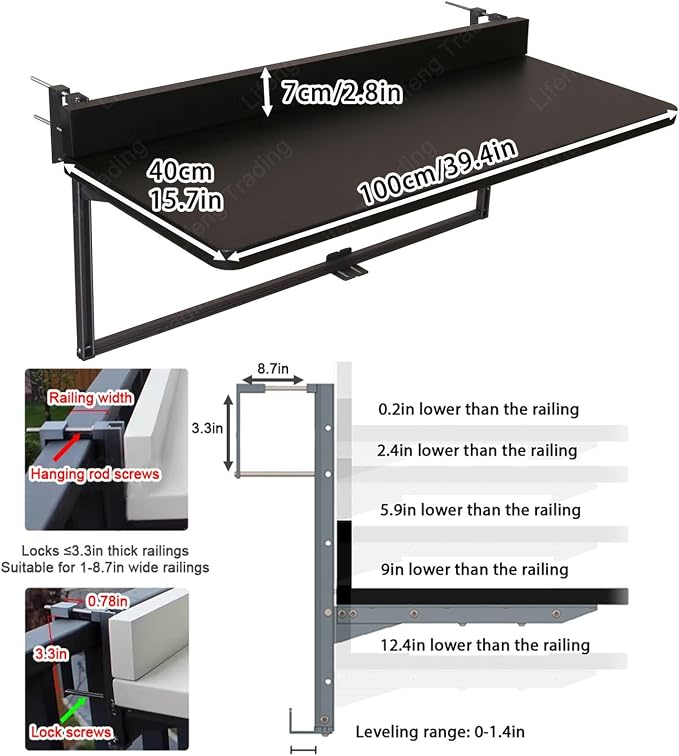 Outdoor Balcony Bar Table for Railings Aluminium Folding Balcony Shelf 5 Height Adjustable Wall-Mounted Side Table Saving Space 120 lbs Loading Serving Table for Patio Deck(Black,39.4x15.7in)