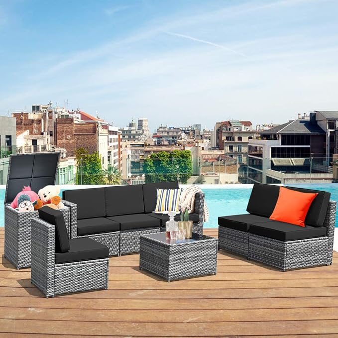 RELAX4LIFE 8-Piece Patio Furniture Set - PE Wicker Conversation Set w/Soft Cushions & Tempered Glass Storage Table, Outdoor Sectional Sofa Set for Garden, Poolside, Backyard (Grey)