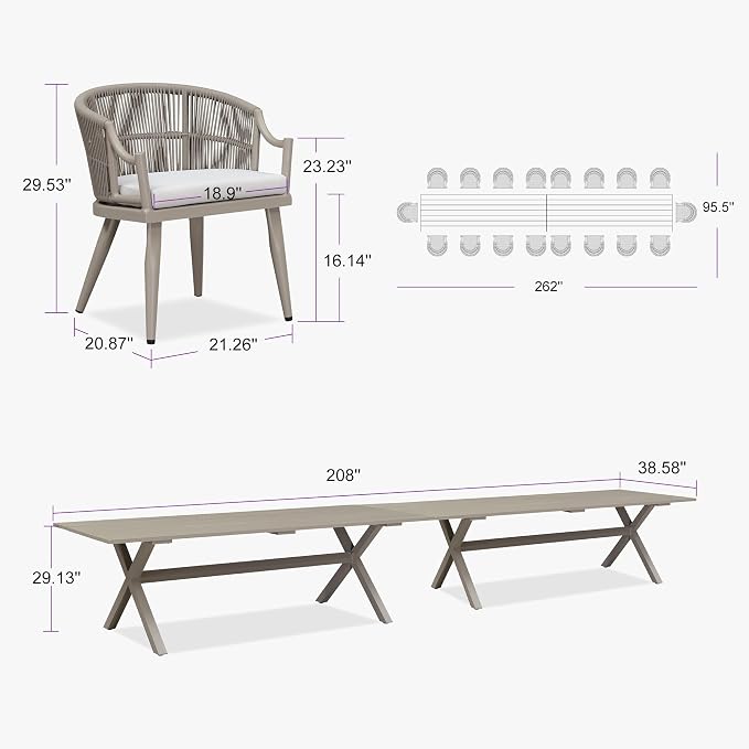 PURPLE LEAF 20 Pieces Outdoor Dining Set All Weather Wicker Patio Dining Set with Rectangular Aluminum Table and Modern Armrest Dining Chairs for Garden Deck Backyard Kitchen, Champagne