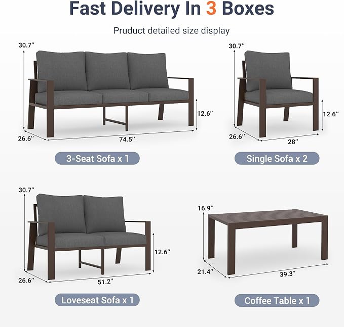 UDPATIO Aluminum Outdoor Patio Furniture Set 7-Seat Metal Patio Conversation Sets with Coffee Table and Water-Resistant Cushions, Modern Patio Sectional Sofa for Porch, Deck, Backyard, Poolside