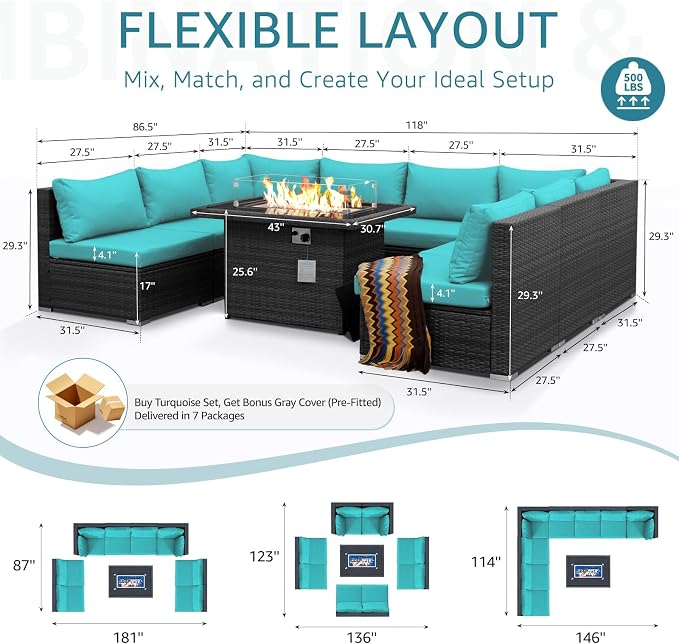 NICESOUL Extra Large 9 Piece Patio Furniture Set with Fire Pit Table Natural Gas & Propane, 29.3'' High Back Rattan Outdoor Conversations, 8 Seater Modular Sofa Set, 2 Color Cushions Turquoise & Gray