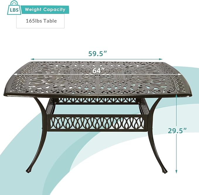 MEETWARM 64" Square Cast Aluminum Patio Dining Table, Weather-Resistant Large Outdoor Dining Table for 8 Person, Patio Furniture Table with Umbrella Hole and Adjustable Foot Pads, Dark Bronze